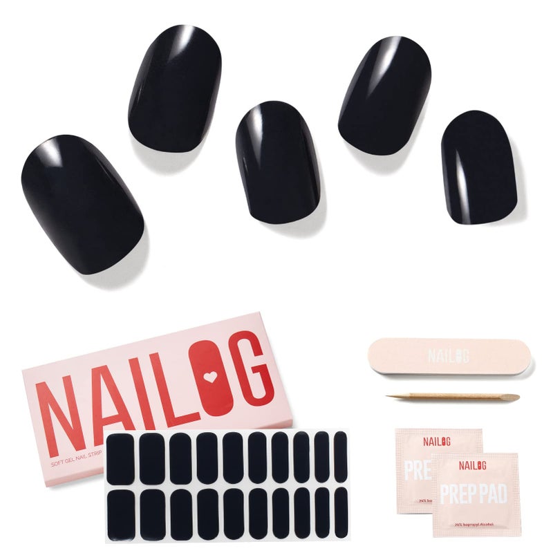 NAILOG Semi Cured Nail Strips 20 Extra Long Gel Nail Strips  Glossy  Long Lasting Nail Polish Stickers with Soft Gel Finishing Noir