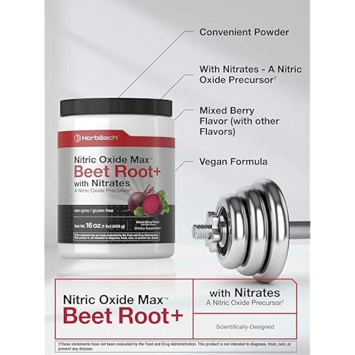 Horbäach Horbaach Nitric Oxide Powder | 16 oz | Supplement for Men & Women | with Beet Root & Nitrates | Mixed Berry Flavor | Vegan, Non-GMO & Gluten Free - Image 4