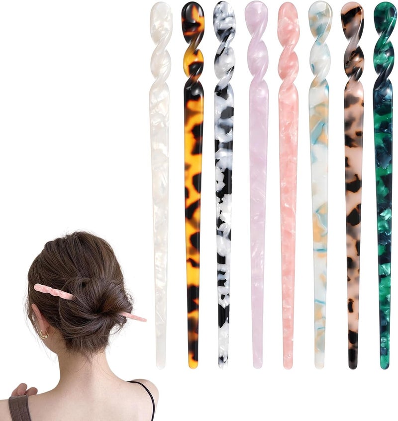 8 Pack Hair Chopsticks Chinese Hair Stick Pin with Vintage Leopard Print for Women with Thick Long buns Hairs Multicolored