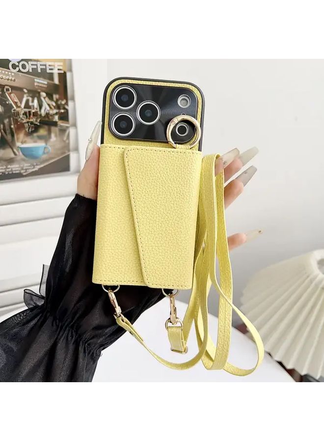 Yellow iPhone 14 Phone Case with Mirror and Cross Rope for Hands Free Use - Image 1