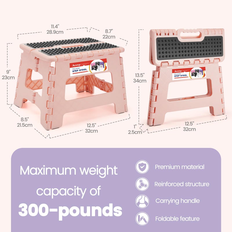 ACSTEP 9 Inch Folding Step Stool 300 LB Capacity Non Slip Foot Stool with Handle Plastic Foldable Step Stools for Kids Stepping Stool for Bathroom Black Small Step Stool (1 PC Pink) - Image 4