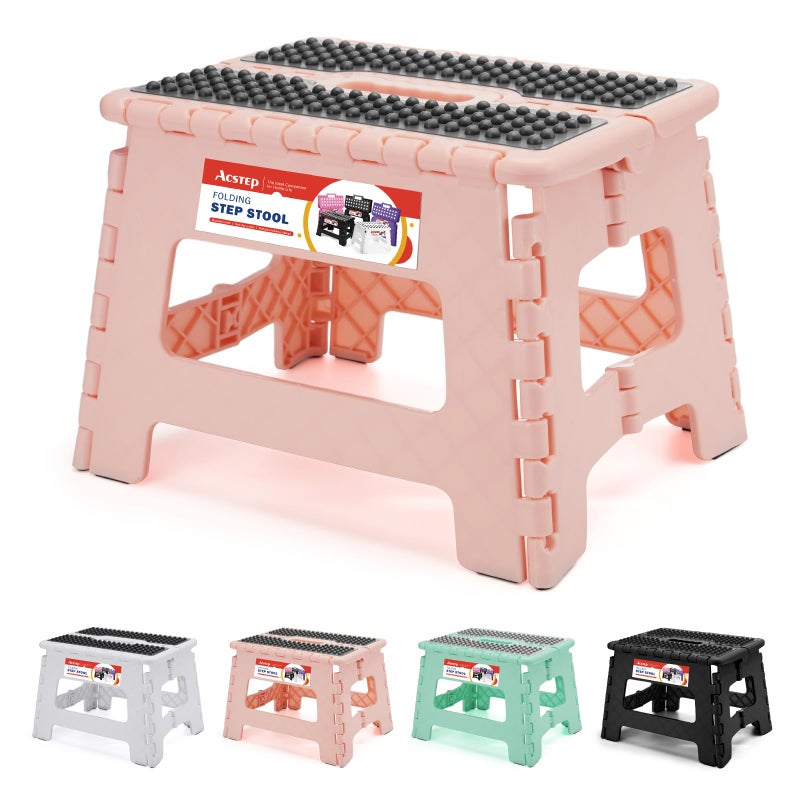 ACSTEP 9 Inch Folding Step Stool 300 LB Capacity Non Slip Foot Stool with Handle Plastic Foldable Step Stools for Kids Stepping Stool for Bathroom Black Small Step Stool (1 PC Pink) - Image 1