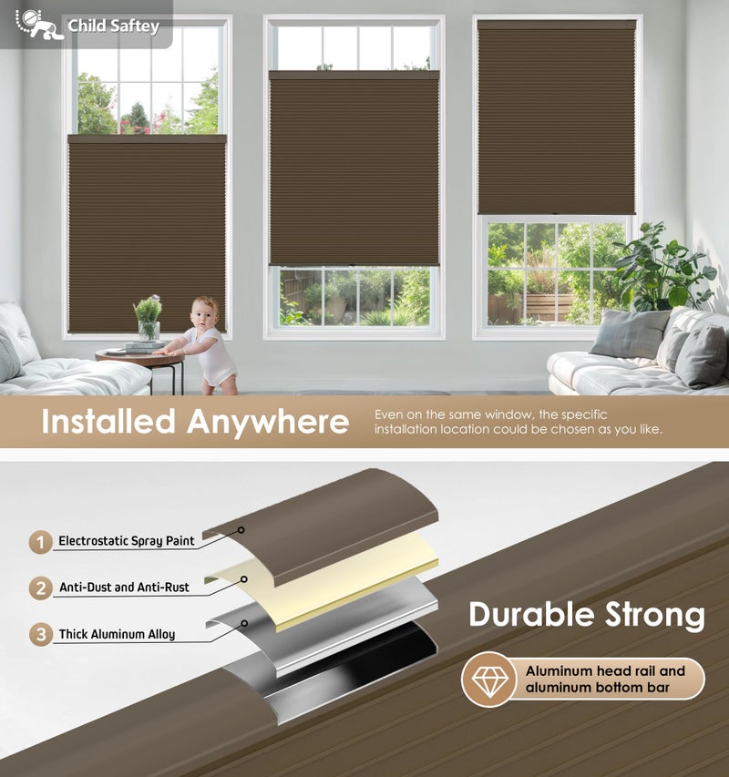 LazBlinds No Tools No Drill Cordless Cellular Shades, Blackout Light Blocking Honeycomb Shades for Home, Thermal Insulation Blinds for Windows, 25" W x 48" H, Dark Coffee - Image 3