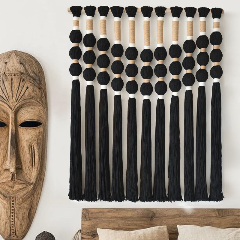 Flber Macrame Wall Hanging Boho Wall Decor Black Fiber Yarn Wall Art Handmade Cotton Spherical Knot for Living Room Bedroom Nursery Office Home Decor27" W x 33" L - Image 2