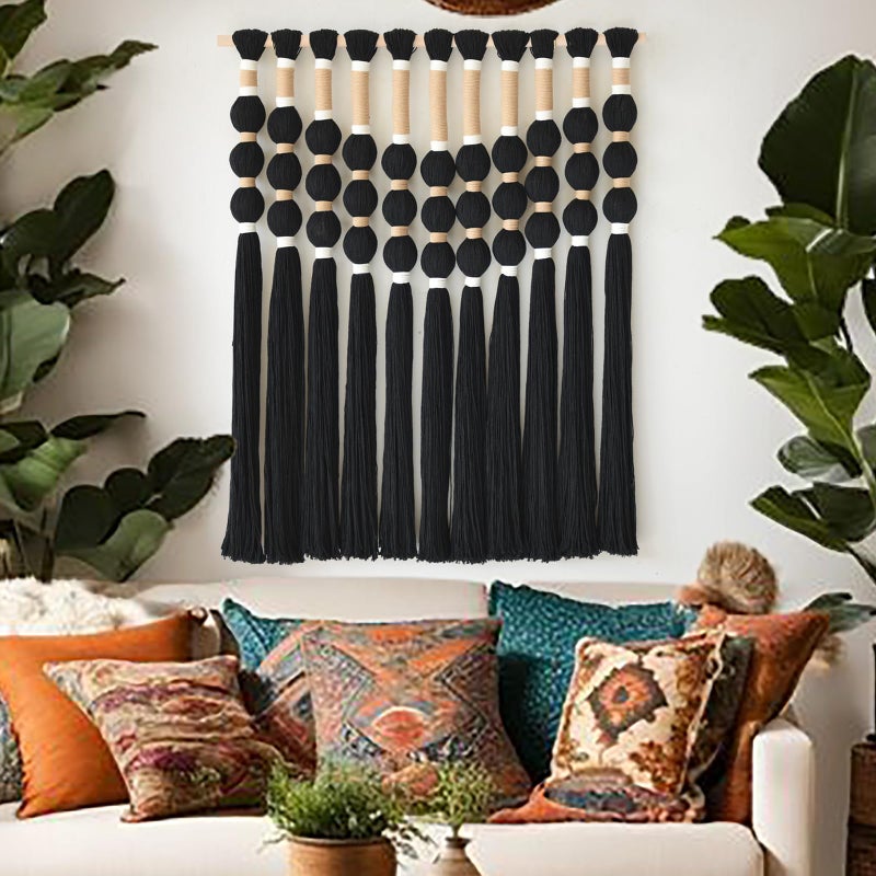 Flber Macrame Wall Hanging Boho Wall Decor Black Fiber Yarn Wall Art Handmade Cotton Spherical Knot for Living Room Bedroom Nursery Office Home Decor27" W x 33" L - Image 1