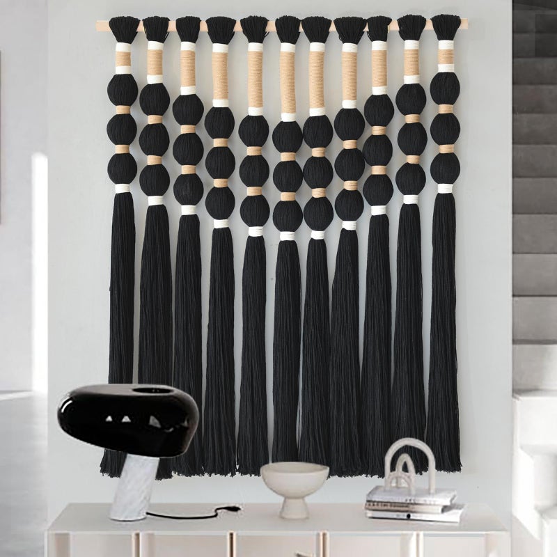 Flber Macrame Wall Hanging Boho Wall Decor Black Fiber Yarn Wall Art Handmade Cotton Spherical Knot for Living Room Bedroom Nursery Office Home Decor27" W x 33" L - Image 3