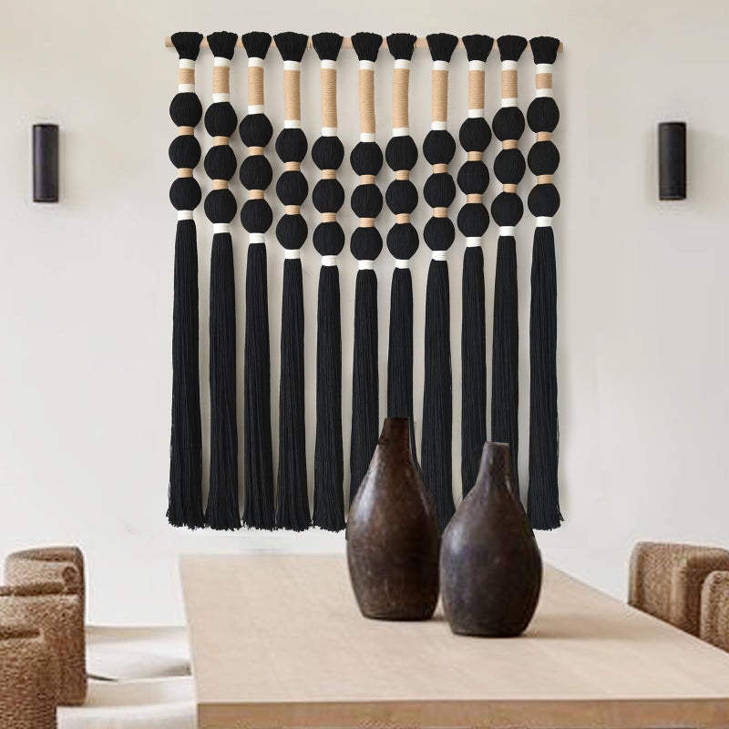 Flber Macrame Wall Hanging Boho Wall Decor Black Fiber Yarn Wall Art Handmade Cotton Spherical Knot for Living Room Bedroom Nursery Office Home Decor27" W x 33" L - Image 5