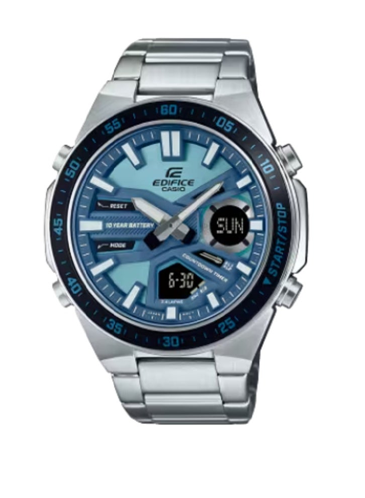 كاسيو ساعة كاسيو إيديفيس للرجال، أنالوج-رقمي، ستانلس ستيل، بطارية تدوم 10 سنوات، توقيت عالمي، إضاءة LED، مقاومة للماء، مينا أزرق - Image 1
