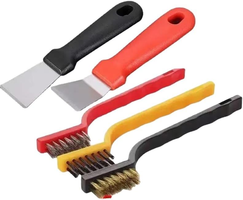 Galepromot 5Pcs Stainless Kitchen Stove Cleaning Brush Scraper Tool Set, Heavy Duty Scraper for Gas Burners Cooktop Pot Pan Brass, Steel and Nylon Head for Range Hood Grease Grime Range Parts and Accessories - Image 1