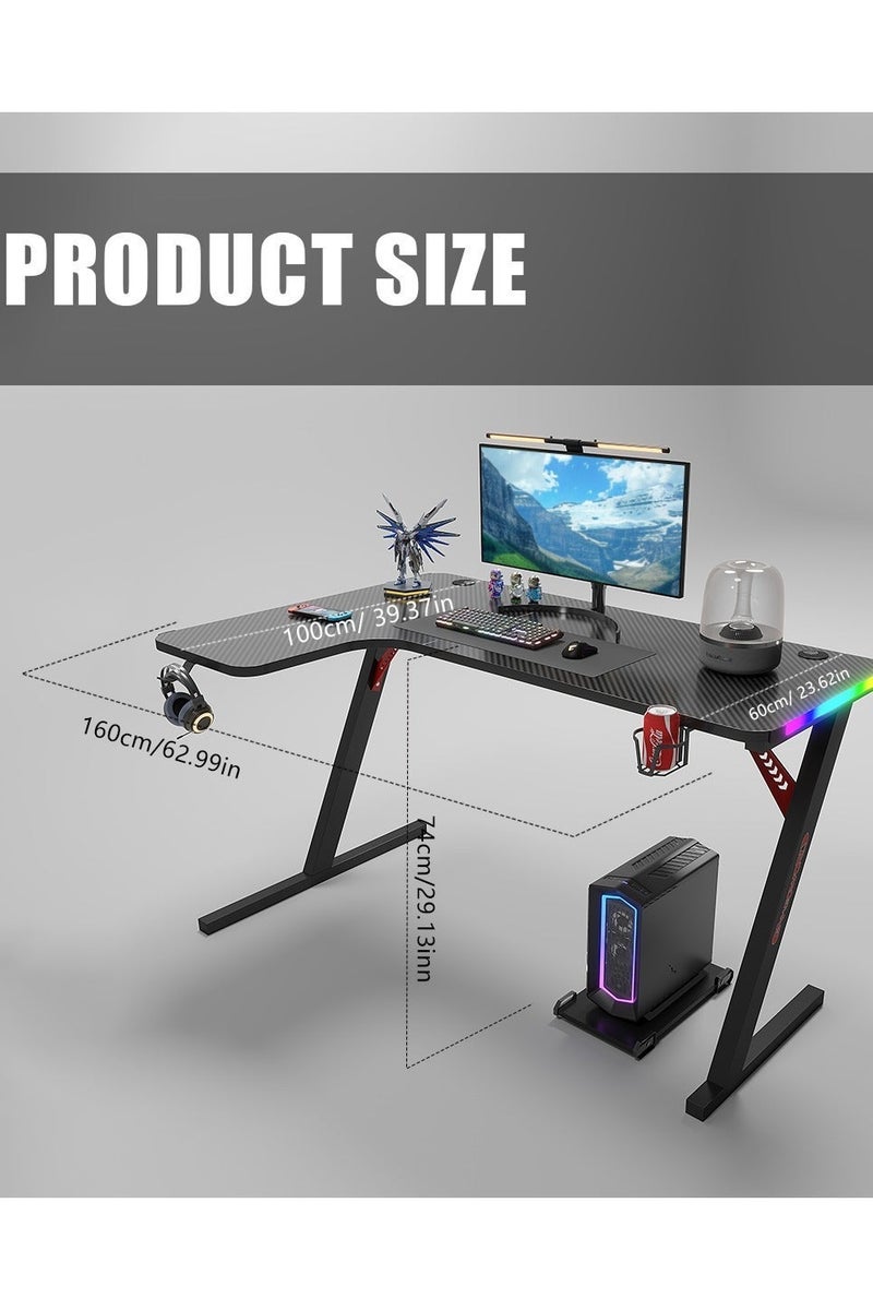 ميشيدا مكتب ألعاب على شكل L مع سطح من ألياف الكربون وإضاءة RGB – طاولة كمبيوتر زاوية 160 سم مع حامل أكواب وخطاف سماعة ولوحة فأرة – الجهة اليسرى، أسود - Image 5