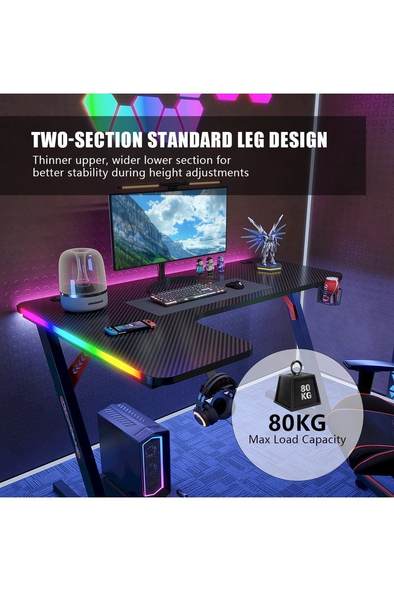 ميشيدا مكتب ألعاب على شكل L مع سطح من ألياف الكربون وإضاءة RGB – طاولة كمبيوتر زاوية 160 سم مع حامل أكواب وخطاف سماعة ولوحة فأرة – الجهة اليسرى، أسود - Image 3