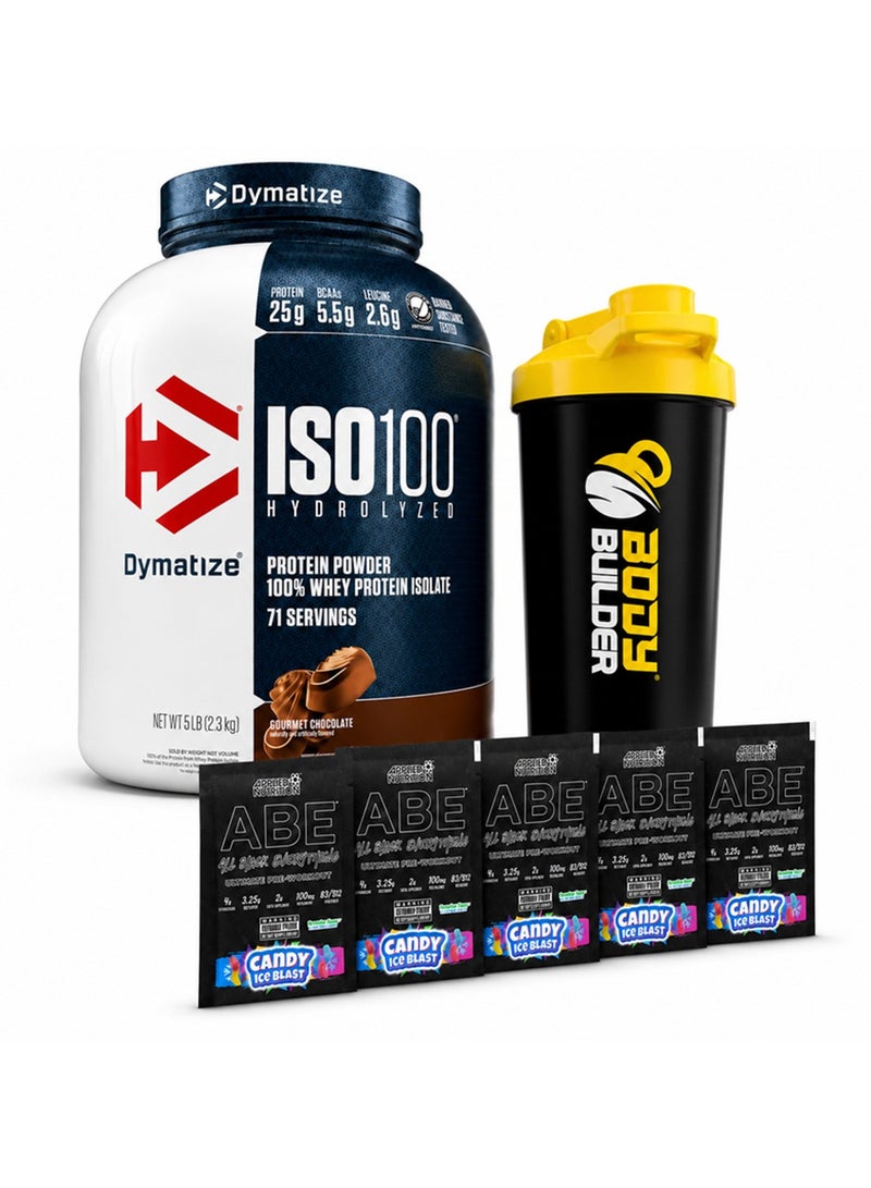 آيزو 100 واي بروتين معزول 5lb + أكيول نوتريشن بري-ووركاوت ساكيتس + بودي بيلدر شاكر