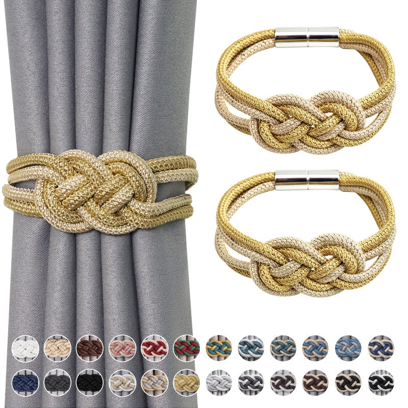 NICEEC NICEEC 2 Pack Strong Magnetic Curtain Tiebacks Upgrade Nordic Simple Style Drape Tie Backs Double Color Weave Rope Knot Decorative Curtain Holdbacks for Home  Office Window Drapery Gold  Beige