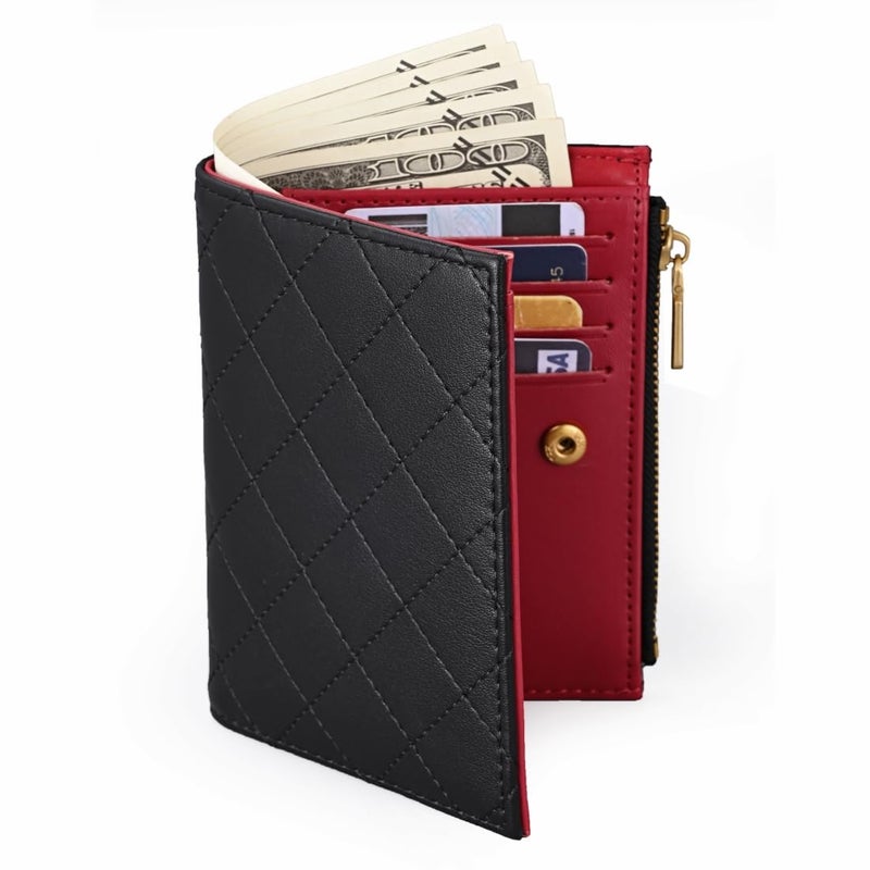 Masien Rauder Slim Bi-fold Checkered Quilted Leather Wallet | Classic Minimalist Style w. ID Window/Card Slot/Bill Holder/Zip Coin Pocket for Women (Black Quilted) - Image 2