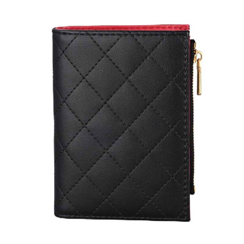 Masien Rauder Slim Bi-fold Checkered Quilted Leather Wallet | Classic Minimalist Style w. ID Window/Card Slot/Bill Holder/Zip Coin Pocket for Women (Black Quilted) - Image 1