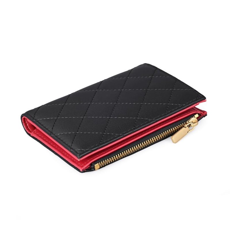 Masien Rauder Slim Bi-fold Checkered Quilted Leather Wallet | Classic Minimalist Style w. ID Window/Card Slot/Bill Holder/Zip Coin Pocket for Women (Black Quilted) - Image 5