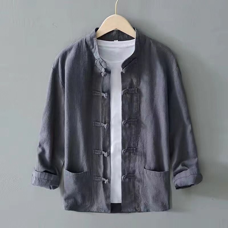Chinese Style suit Tang Suit Mens Long-sleeved Jacket Exlonged and Fatty Chinese Style Retro Hanfu Taiji Jushifu Two-piece Set Grey Single Top