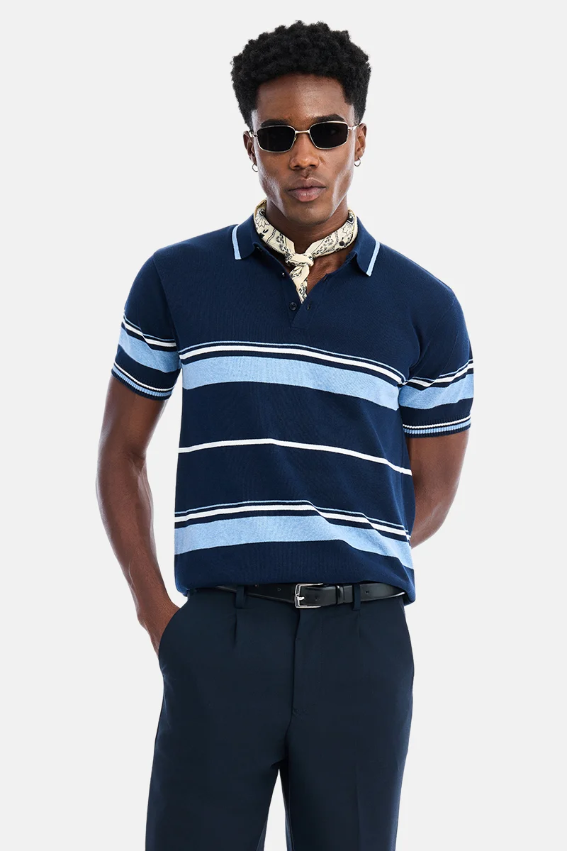 SNITCH Navy Striped Half Sleeve Regular Fit Casual T-Shirt
