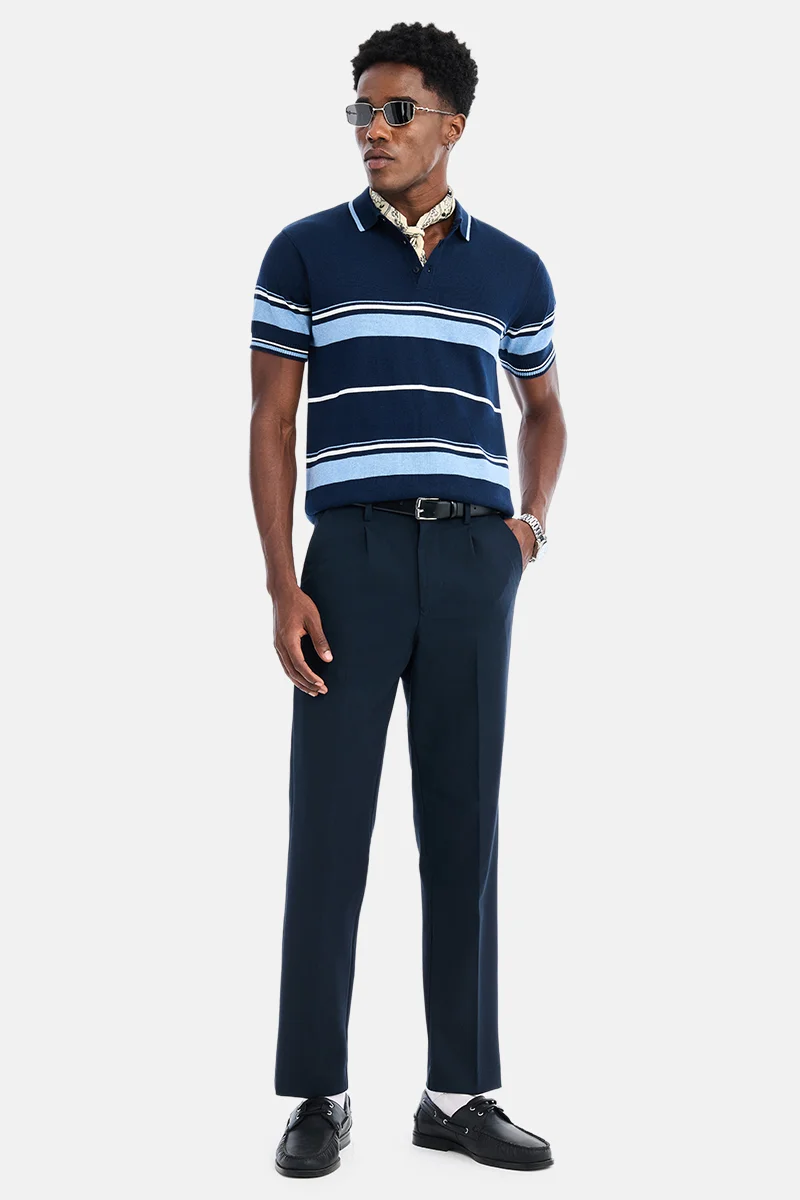SNITCH Navy Striped Half Sleeve Regular Fit Casual T-Shirt
