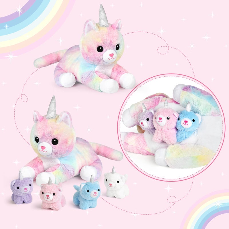 كيه موسل Kmuysl Plush Unicorn Kitty Toys for Girls Ages 3 4 5 6 7 7 8+ - Cat Mommy محشوة بالحيوان مع 4 البسيسات الصغيرة في ألعابها المحشوة بالحيوانات البطنية. - Image 2