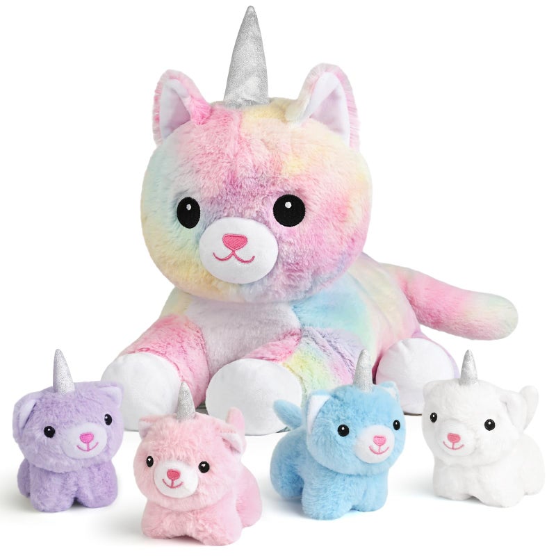كيه موسل Kmuysl Plush Unicorn Kitty Toys for Girls Ages 3 4 5 6 7 7 8+ - Cat Mommy محشوة بالحيوان مع 4 البسيسات الصغيرة في ألعابها المحشوة بالحيوانات البطنية. - Image 1