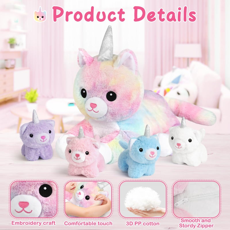 كيه موسل Kmuysl Plush Unicorn Kitty Toys for Girls Ages 3 4 5 6 7 7 8+ - Cat Mommy محشوة بالحيوان مع 4 البسيسات الصغيرة في ألعابها المحشوة بالحيوانات البطنية. - Image 4
