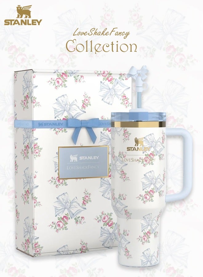 Stanley Stanley Love Shack Fancy H2.0 Flow State 40oz Rosa Beaux Blue Tumbler, Stainless Steel Vacuum Insulated Quencher with Lid, Straw, Pouch and Stopper in Elegant Gift-Ready Packaging, Keeps Drinks Cold for Hours - Image 1