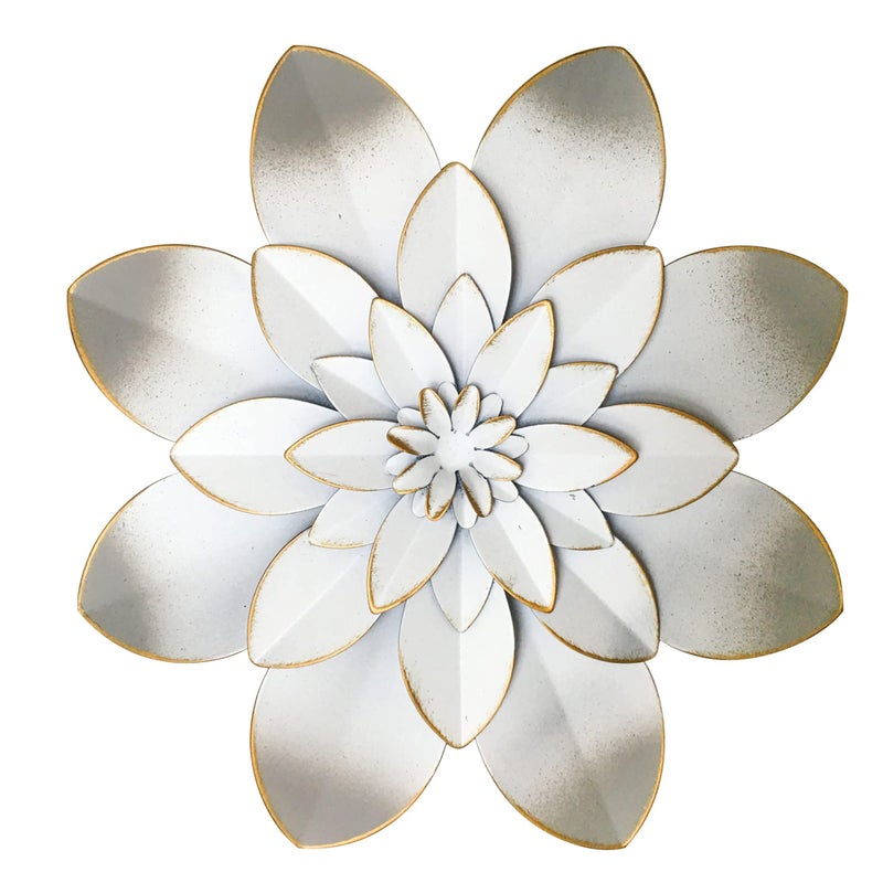 Picfarce White Metal Flower Wall Art Decor 95 Rustic Modern Floral Sculpture Distressed Hanging Home Decoration Accent Artworks for Indoor Bedroom Living Room Office Outdoor Garden Patio