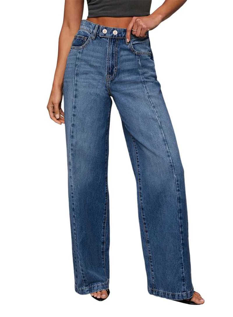 Sidefeel Women's Wide Leg Jeans High Waisted Stretchy Front Seam Denim Pants Size 18 Blue - Image 1