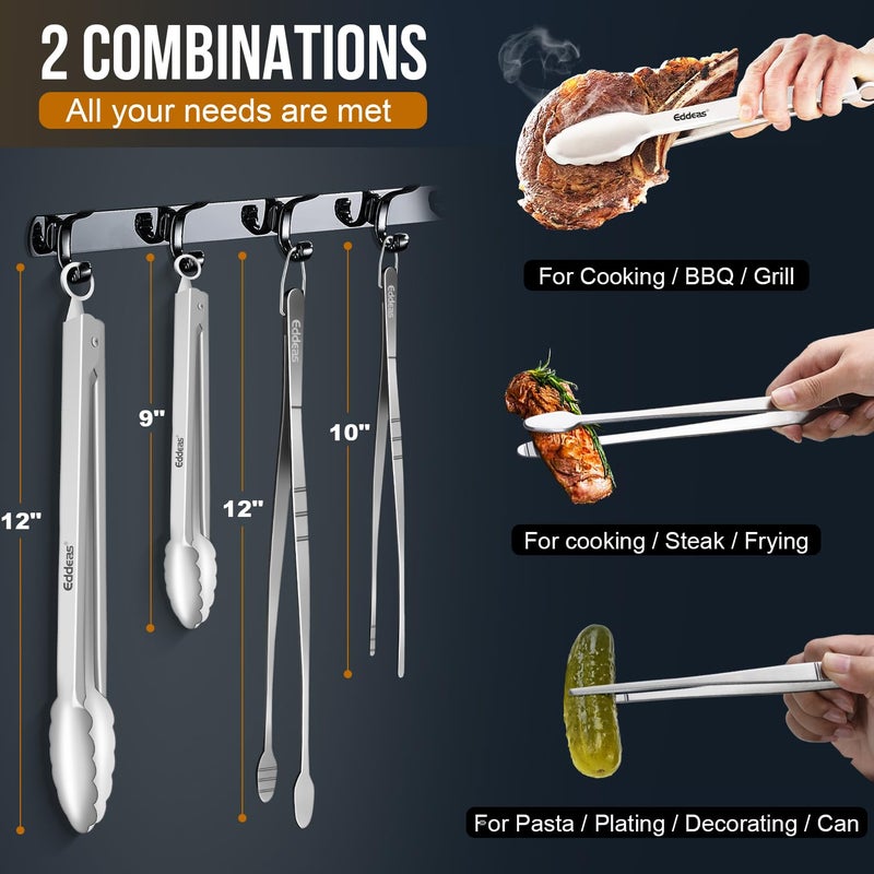 Eddeas Tongs For Cooking - Heat Resistant 600 Degrees, All Metal Kitchen Tweezers Tongs, Heavy Duty Stainless Steel Cooking for Food, Grill, BBQ, Dishwasher safe Set of 4 (12" & 9in) - Image 2