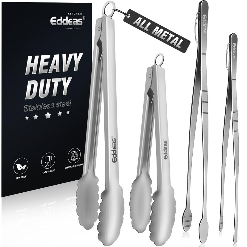 Eddeas Tongs For Cooking - Heat Resistant 600 Degrees, All Metal Kitchen Tweezers Tongs, Heavy Duty Stainless Steel Cooking for Food, Grill, BBQ, Dishwasher safe Set of 4 (12" & 9in) - Image 1