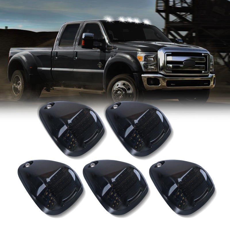 DERMOKA Cab Roof Top Marker Lights White Led Clearance Running Lamps for 1999-2016 F250 F350 F450 F550 Super Duty Pickup Truck, 5PCS (Smoked Black) - Image 1