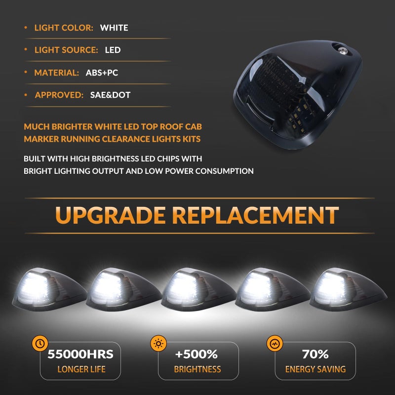 DERMOKA Cab Roof Top Marker Lights White Led Clearance Running Lamps for 1999-2016 F250 F350 F450 F550 Super Duty Pickup Truck, 5PCS (Smoked Black) - Image 2