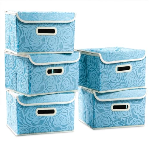 PRANDOM Collapsible Storage Boxes with Lids [5-Pack] Fabric Decorative Storage Bins Cubes Organizer Containers Baskets with Cover Handles Divider for Bedroom Closet Living Room Blue 9.8x7.9x6.7 Inch - Image 1