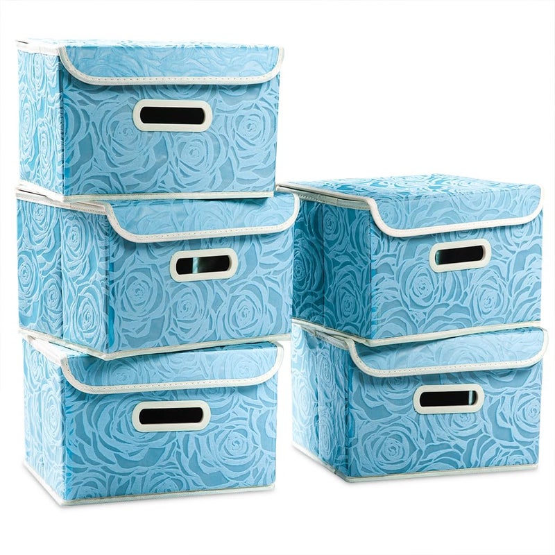 PRANDOM Collapsible Storage Boxes with Lids [5-Pack] Fabric Decorative Storage Bins Cubes Organizer Containers Baskets with Cover Handles Divider for Bedroom Closet Living Room Blue 9.8x7.9x6.7 Inch - Image 4
