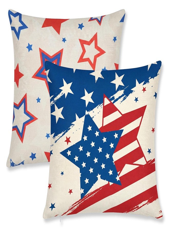 Fengek 4th of July Pillow Covers 18x18, 2 Pack Patriotic Red White Blue Outdoor Pillow Covers, Independence Day Decor Sofa Couch Stars Stripes Cushion Farmhouse Porch - Image 1