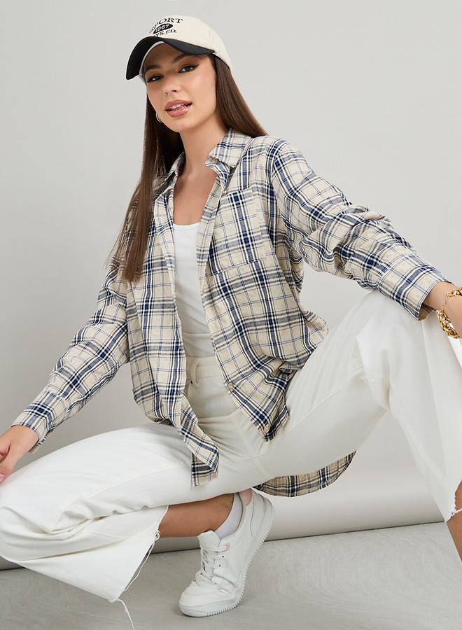 Styli Checkered Print Oversized Longline Shirt - Image 3