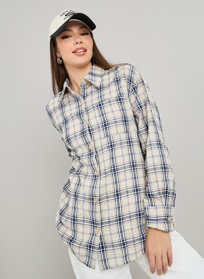 Styli Checkered Print Oversized Longline Shirt - Image 1
