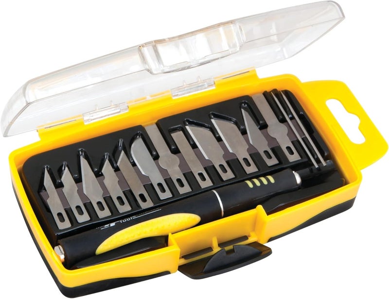 Performance Tool W9170 Precision Hobby Knife Set - 14 Blades for Various Projects with Comfortable Contoured Handle and Storage Case - Image 1