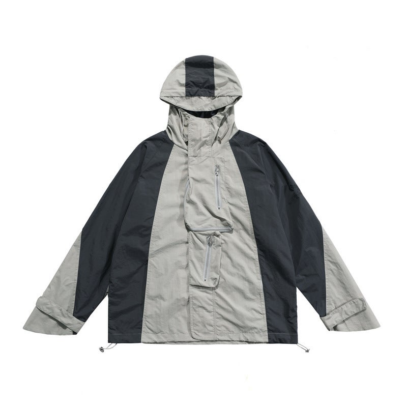 High Street Trendy Brand Retro Color-Block Multi-Pocket Charge Clothes Hooded Windproof Jacket Coat - Image 1
