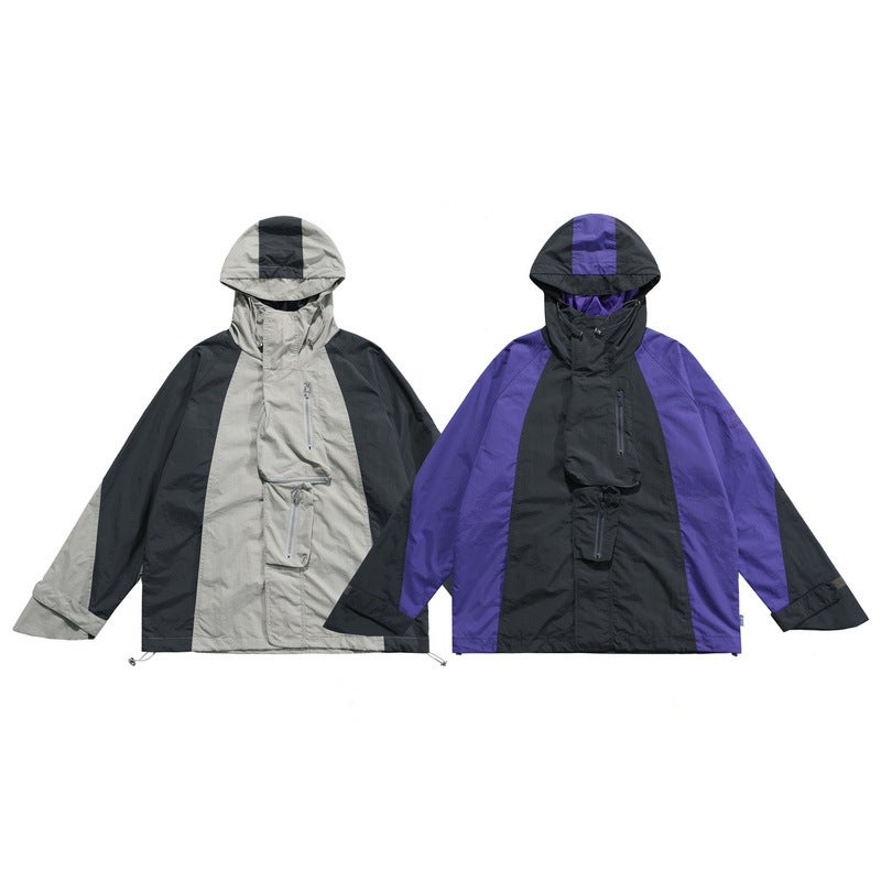 High Street Trendy Brand Retro Color-Block Multi-Pocket Charge Clothes Hooded Windproof Jacket Coat - Image 3