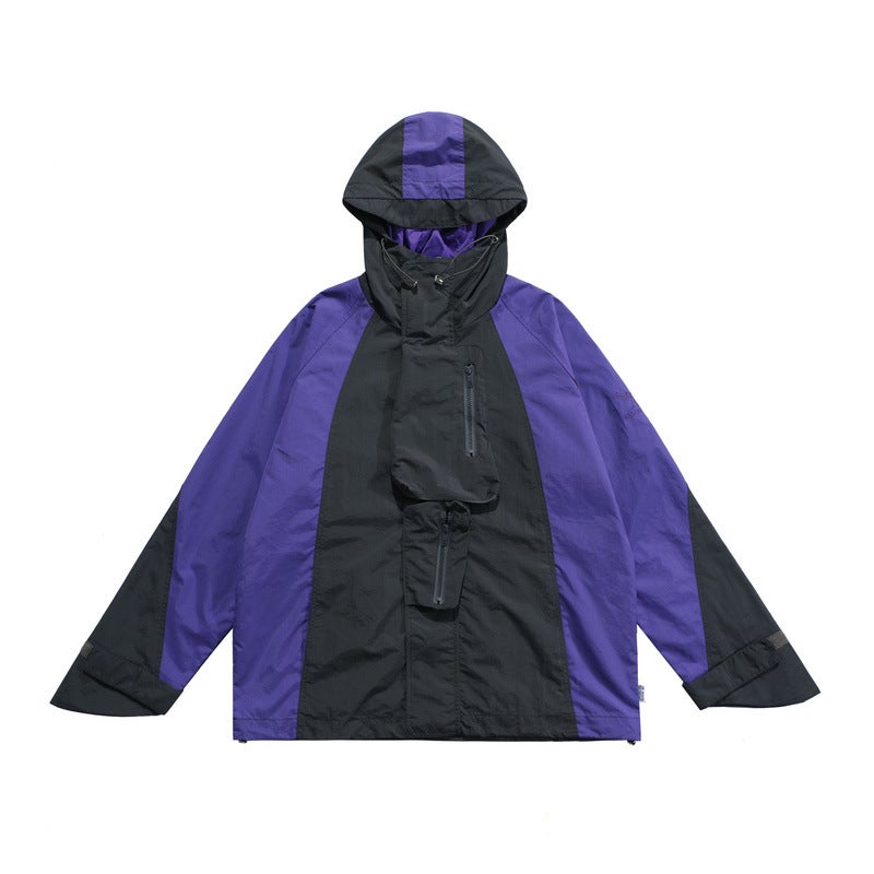 High Street Trendy Brand Retro Color-Block Multi-Pocket Charge Clothes Hooded Windproof Jacket Coat - Image 2