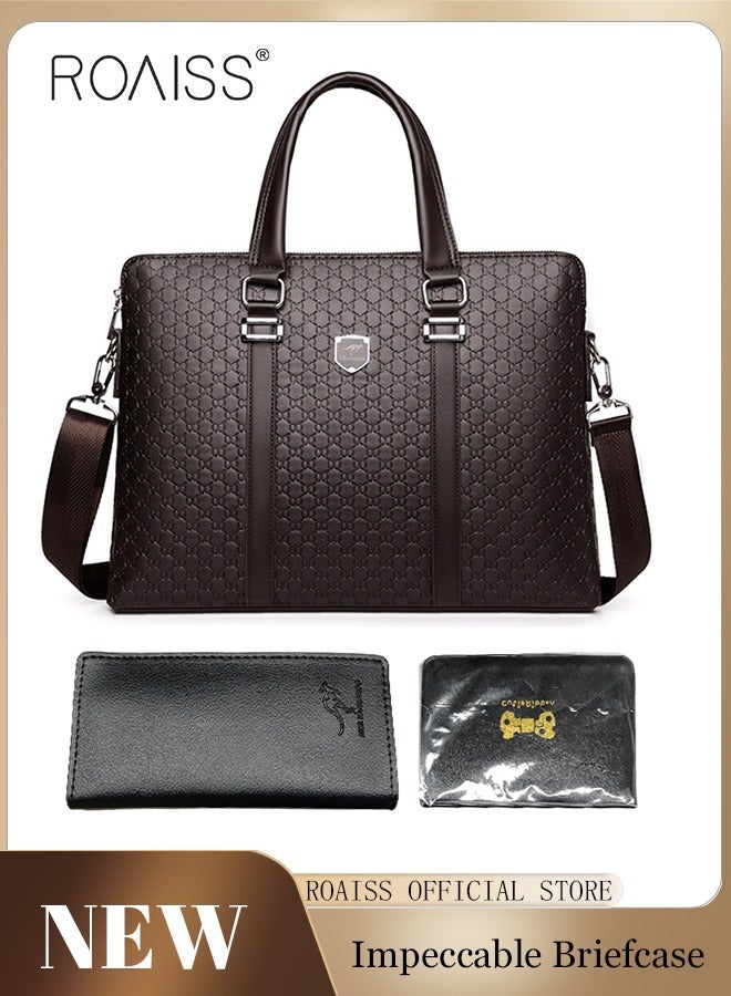 رويس حقيبة كتف ومحفظة للرجال، حقيبة عمل كروس بودي، أحزمة قابلة للتعديل، حقيبة ظهر أفقية غير رسمية بسحاب، حقيبة كمبيوتر محمول جديدة متعددة الوظائف مع تخزين متعدد الطبقات، بني - Image 1