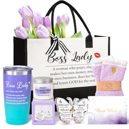 Giftissimo Boss Lady Gifts for Women, Best Boss Gifts for Women, Thank You Gift Basket for Bosses Female, Birthday Christmas Farewell Office Appreciation Gift Set w/Tumbler Canvas Tote Bag Acrylic Decor - Image 1