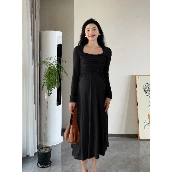 Maternity Hepburn Style High Waist Dress 2024 Autumn-Winter Black Quality Edition 