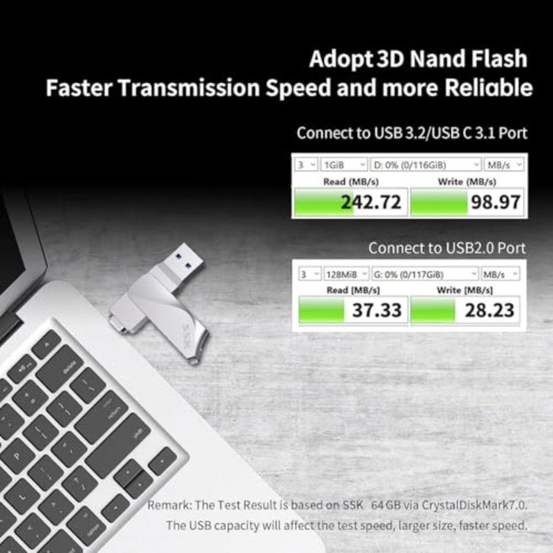 USB Flash Drive up to 200MB/s, USB C+A Dual Pendrive Memory Stick USB 3.2, Dual Connectors 2 in 1, Metal 360Swivel Housing, Thunderbolt 3 Compatible for USB-C Phone, Macbook/Pro/Air, and more - Image 2