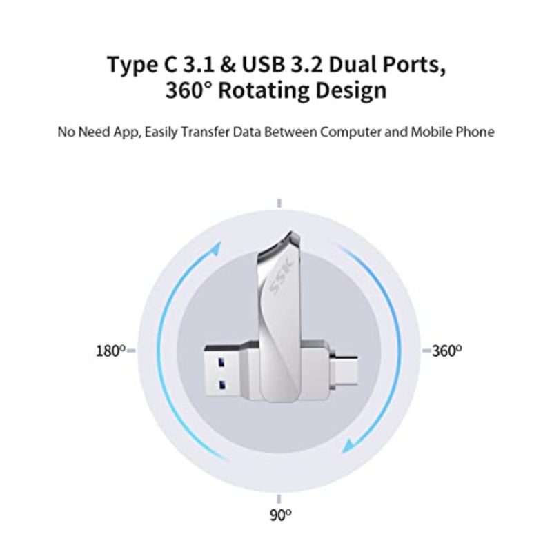 USB Flash Drive up to 200MB/s, USB C+A Dual Pendrive Memory Stick USB 3.2, Dual Connectors 2 in 1, Metal 360Swivel Housing, Thunderbolt 3 Compatible for USB-C Phone, Macbook/Pro/Air, and more - Image 3