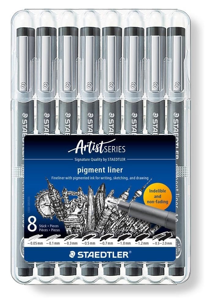 STAEDTLER Artist Series Pigment Liner Set - 8 Fineliner Pens in Black - Image 1