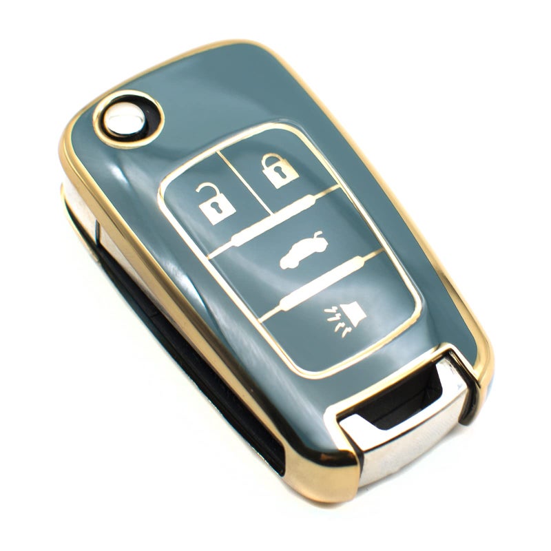 FEYOUN Key Fob Cover Compatible with Buick Encore Chevy Chevrolet Camaro Equinox Impala Sonic Trax GMC Terrain Flip 4 Buttons TPU Remote Keyless Key Fob Case Protection Shell Accessories Blue Gray - Image 3