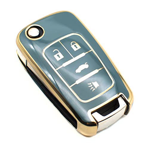 FEYOUN Key Fob Cover Compatible with Buick Encore Chevy Chevrolet Camaro Equinox Impala Sonic Trax GMC Terrain Flip 4 Buttons TPU Remote Keyless Key Fob Case Protection Shell Accessories Blue Gray - Image 1